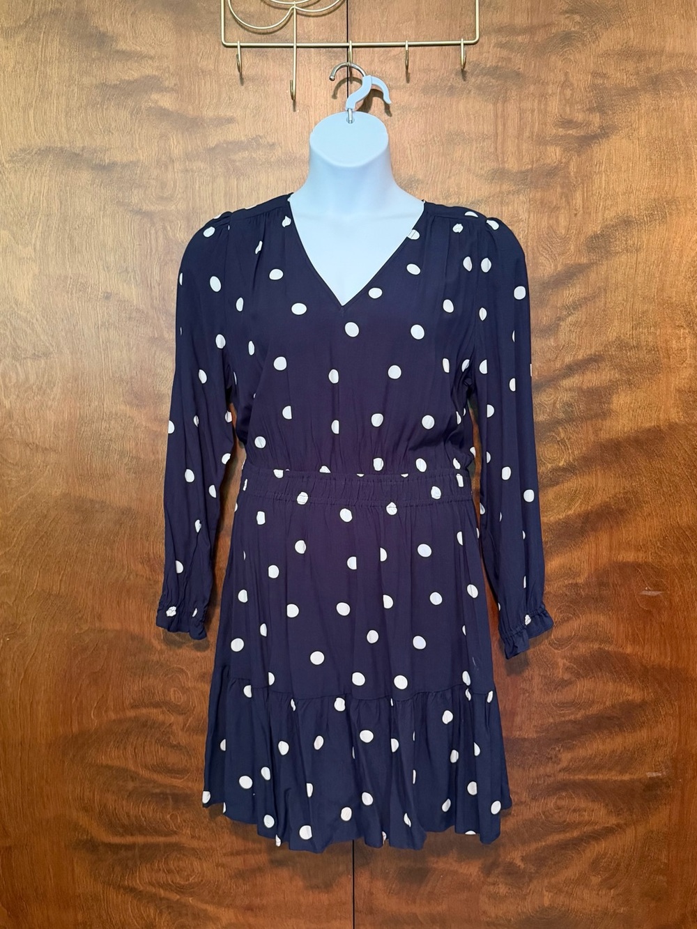 Loft Outlet Long Sleeve Fall Mini Dress Womens L Navy & White Polka Dots Rayon